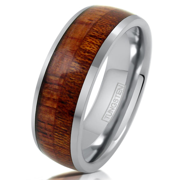 8mm mirror polished silver tungsten ring with natural koa wood inlay. Wholesale Tungsten Rings - Wedding Bands | Tilted Photo