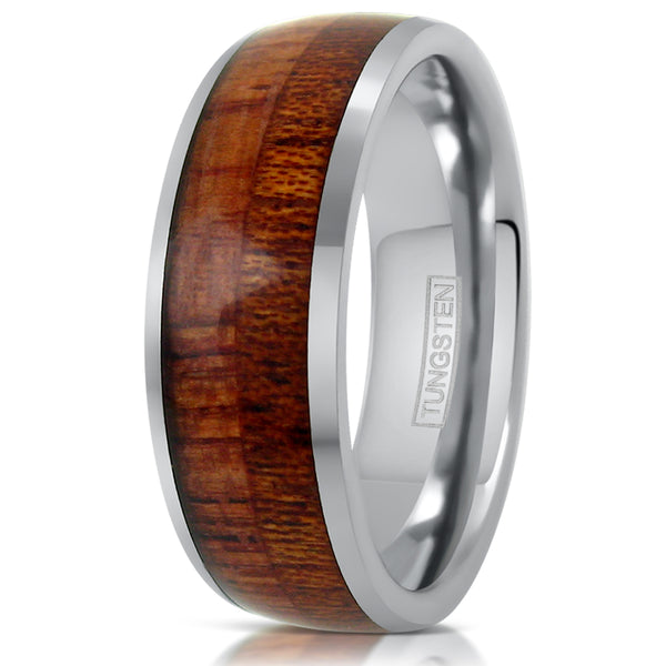 8mm mirror polished silver tungsten ring with natural koa wood inlay. Wholesale Tungsten Rings - Wedding Bands | Upright Photo