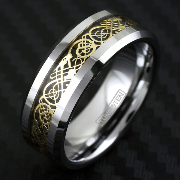 Silver tungsten ring | Gold Celtic dragon | Dark black inlay. Wholesale Tungsten Rings - Wedding Bands | 8mm Black Photo.