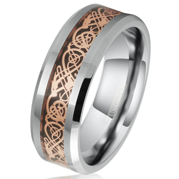 Silver tungsten carbide ring | Rose gold Celtic dragon on Black faux carbon fiber inlay | 8mm white tilted Photo.