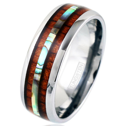 Silver tungsten dome ring w/ abalone inlay between Koa wood | Wholesale tungsten rings - wedding bands | Diagonal