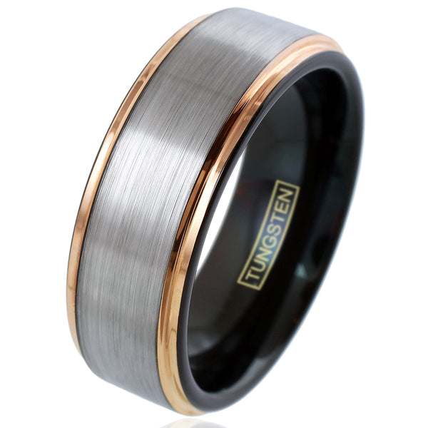 8mm Silver tungsten carbide band ring w/ black inner band & rose gold stepped edges | 8mm Tilted Photo