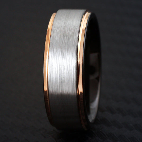 8mm Silver tungsten carbide band ring w/ black inner band & rose gold stepped edges | 8mm Black Photo
