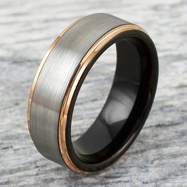 8mm Silver tungsten carbide band ring w/ black inner band & rose gold stepped edges | 8mm Marble Photo