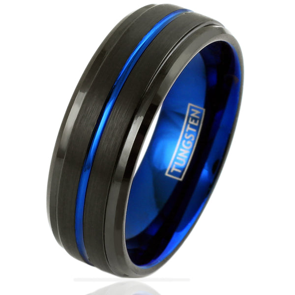 8mm Black tungsten ring, cobalt blue inner band & recessed stripe | Wholesale tungsten rings - wedding bands | Diagonal photo