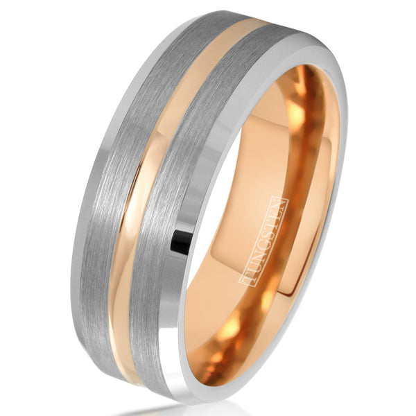 2-tone silver tungsten ring w/ rose gold inner band & stripe | Wholesale tungsten rings - wedding bands | White photo