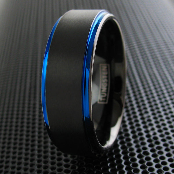 Black tungsten ring w/ satin band & blue stepped edges | Wholesale tungsten rings - wedding band | Grill photo