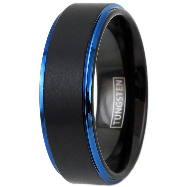 Black tungsten ring w/ satin band & blue stepped edges | Wholesale tungsten rings - wedding band | Upright photo