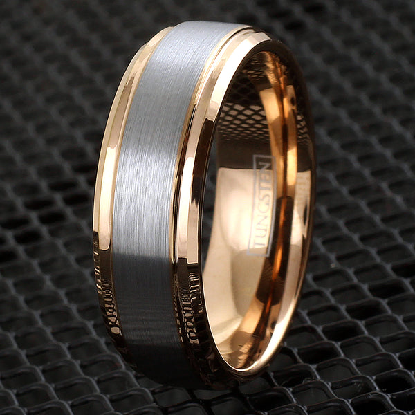 rose gold tungsten ring w brushed finish silver band | wholesale tungsten rings - wedding bands | 8mm black photo