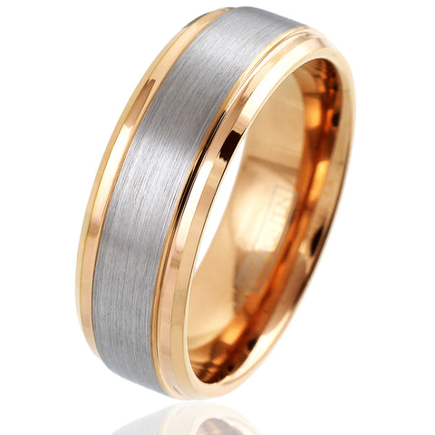 rose gold tungsten ring w brushed finish silver band | wholesale tungsten rings - wedding bands | 8mm slanted photo
