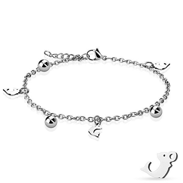 Stylish 9"-10" Dolphin and Bead Charm Anklet | Wholesale 316L Stainless Steel Jewelry
