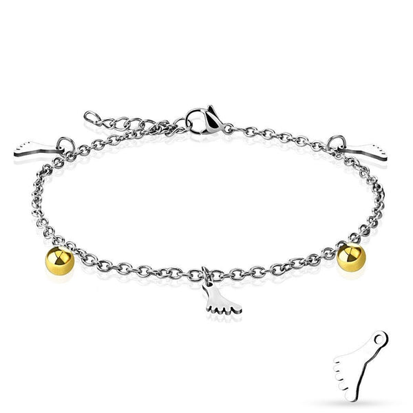 9"-10" Foot and Gold Bead Charm Anklet | Wholesale 316L Stainless Steel Jewelry