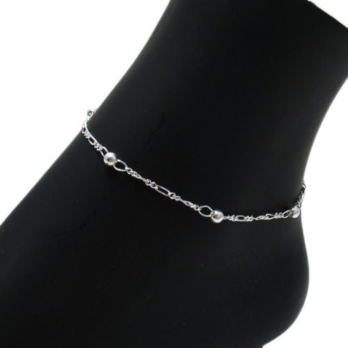 Classic Sterling Silver 9"-10" Adjustable Beaded Figaro Chain Ankle Bracelet.