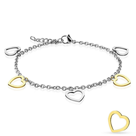 Lovely Stainless Steel 9"-10" Silver and Gold Ion Plated Heart Charm Ankle Bracelet.