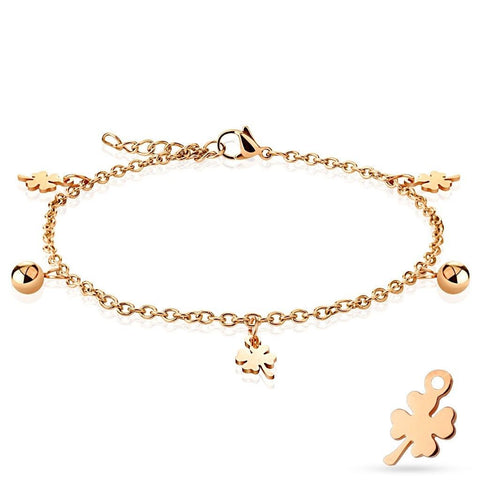 9"-10" Rose Gold Shamrock and Bead Ankle Bracelet | Wholesale 316L Stainless Steel Jewelry 
