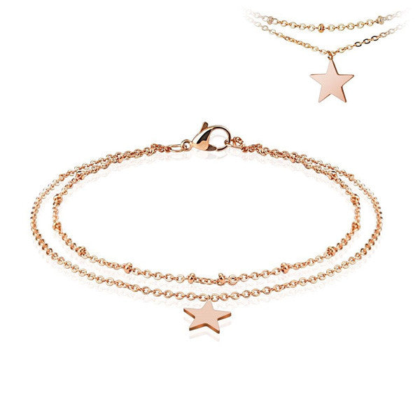 Gorgeous 9"-10" Rose Gold Star Double Link Anklet | Wholesale 316L Stainless Steel Jewelry 