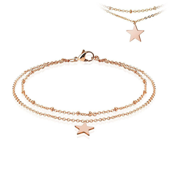 Gorgeous 9"-10" Rose Gold Star Double Link Anklet | Wholesale 316L Stainless Steel Jewelry 