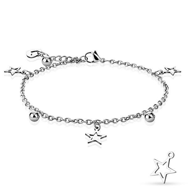 Glamorous Stainless Steel 9"-10" Star, Ball, and Heart Charm Anklet