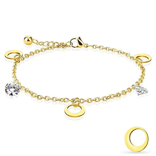 Gold Ion Plated Moon and CZ Charms Ankle Bracelet | Wholesale 316L Stainless Steel Jewelry | Main