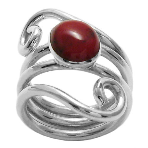 Art Deco swirly wrap ring with oval jasper. Wholesale sterling silver rings. Front photo.