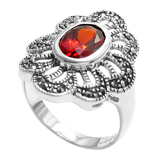 Marcasite flower ring with blood red CZ. Wholesale sterling silver rings. Main photo.
