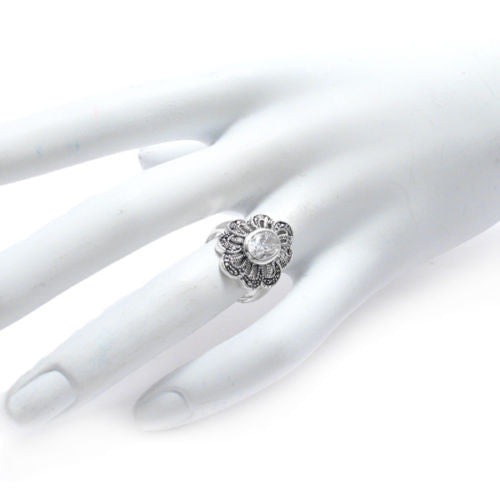 Marcasite flower ring with clear CZ. Wholesale sterling silver rings. Hand photo.