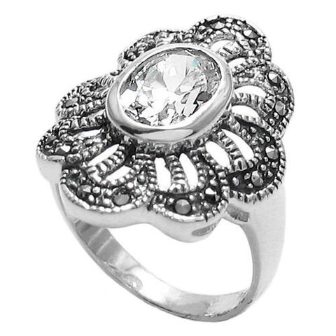 Marcasite flower ring with clear CZ. Wholesale sterling silver rings. Main photo.