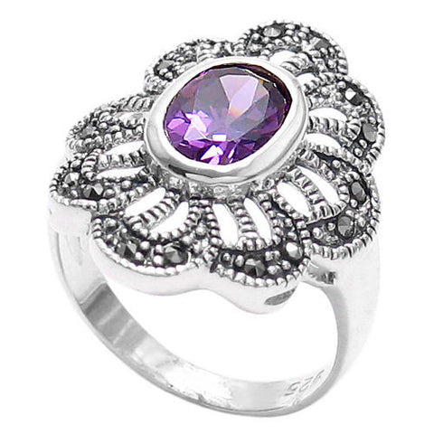 Marcasite flower ring with light purple CZ. Wholesale sterling silver rings. Main photo.