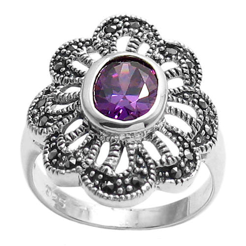 Marcasite flower ring with light purple CZ. Wholesale sterling silver rings. Top view photo.