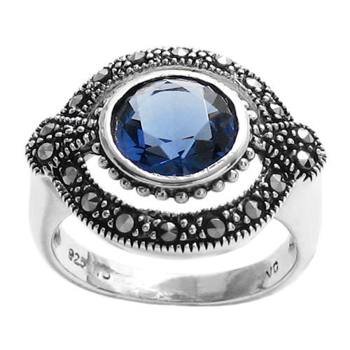 Elegant oval marcasite ring with deep blue CZ stone. Wholesale Sterling Silver Rings. Alternate Photo.