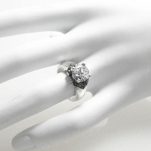 Beautiful Marcasite Ring with Large 2.5 Carat CZ Center Stone in Sterling Silver