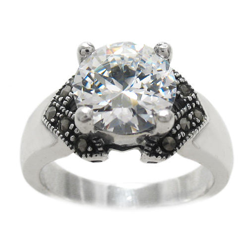 Beautiful Marcasite Ring with Large 2.5 Carat CZ Center Stone in Sterling Silver