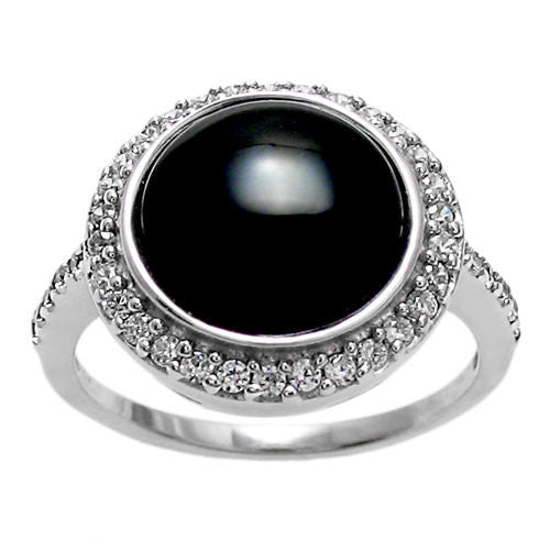 Black Onyx Cabochon Ring with 0.68 Carat CZ Halo. Wholesale Sterling Silver Rings. Alternate photo.