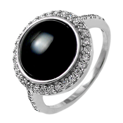 Black Onyx Cabochon Ring with 0.68 Carat CZ Halo. Wholesale Sterling Silver Rings. Main photo.