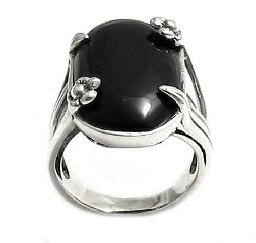 Black Onyx Ring with Flowers and Leaves Setting. Wholesale Sterling Silver Rings.