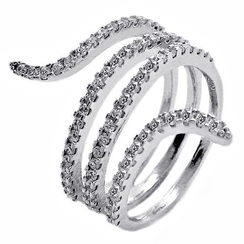Sparkling Streamlined Serpentine Wrap Ring Embellished with CZs in Sterling Silver.