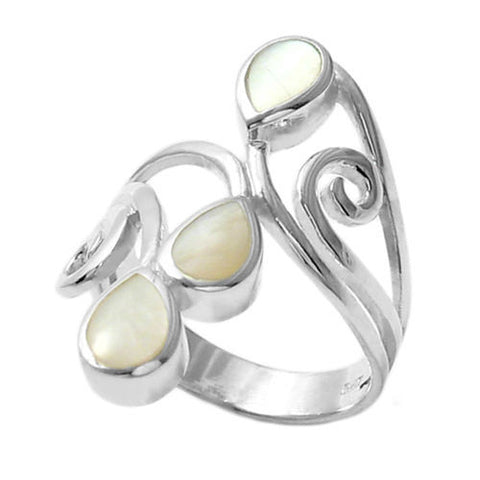 Swirly Wrap Ring with Three Teardrop Mother of Pearl Stones. Wholesale Sterling Silver Rings.