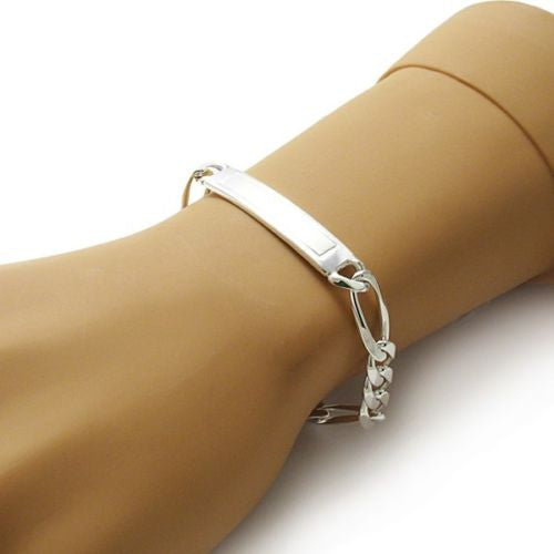Stunning 9mm/250 Gauge Engravable Brushed Center Figaro ID Bracelet | Wholesale 925 Sterling Silver Jewelry | Alternate