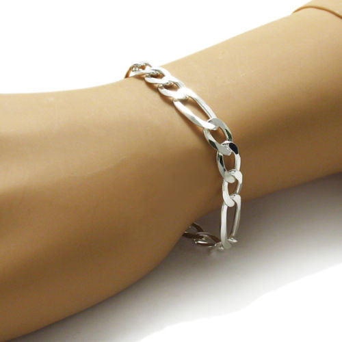 Sterling Silver Figaro Chain Bracelet in 9mm (Gauge 250