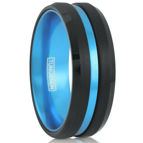 Black tungsten ring | Sky Blue anodized aluminum inner band & stripe | Beveled edges | Wholesale tungsten carbide rings - wedding bands | white photo