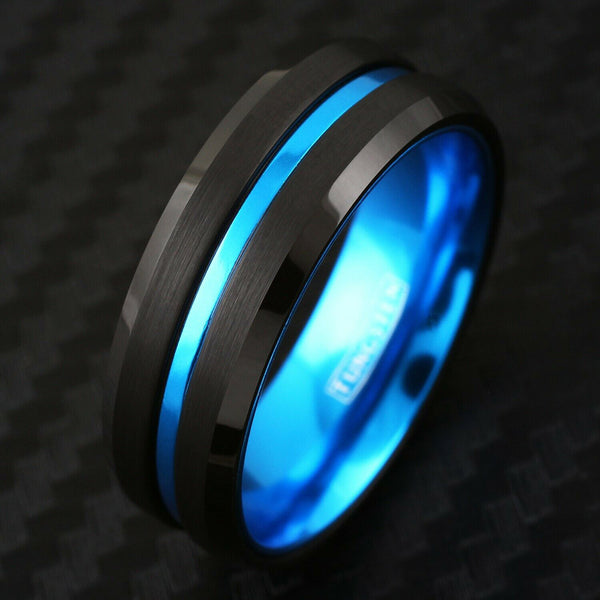 Black tungsten ring | Sky Blue anodized aluminum inner band & stripe | Beveled edges | Wholesale tungsten carbide rings - wedding bands | black photo