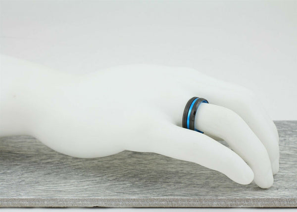 Black tungsten ring | Sky Blue anodized aluminum inner band & stripe | Beveled edges | Wholesale tungsten carbide rings - wedding bands | hand photo