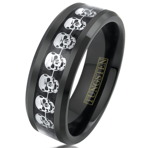 Awesome Black Tungsten Ring with a Cool Silver Skull Inlay Around the Band