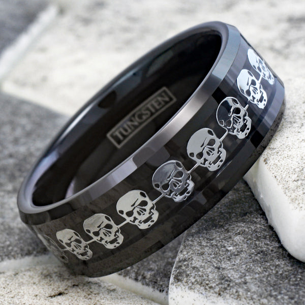 Awesome Black Tungsten Ring with a Cool Silver Skull Inlay Around the Band