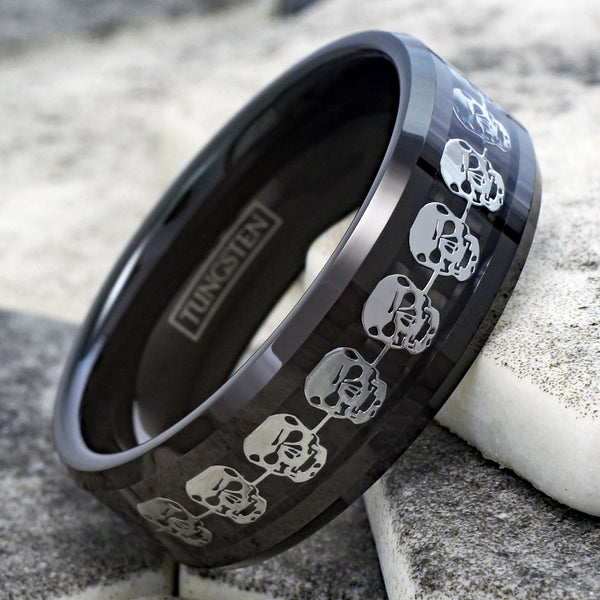 Awesome Black Tungsten Ring with a Cool Silver Skull Inlay Around the Band