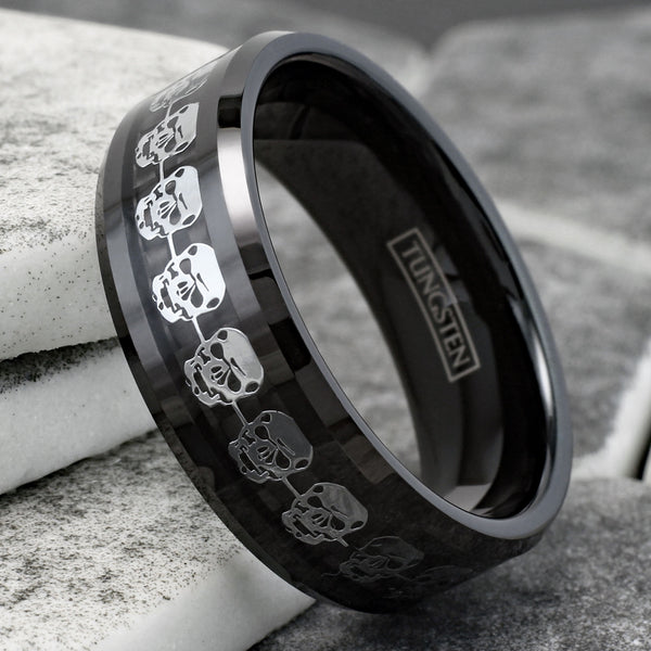 Awesome Black Tungsten Ring with a Cool Silver Skull Inlay Around the Band
