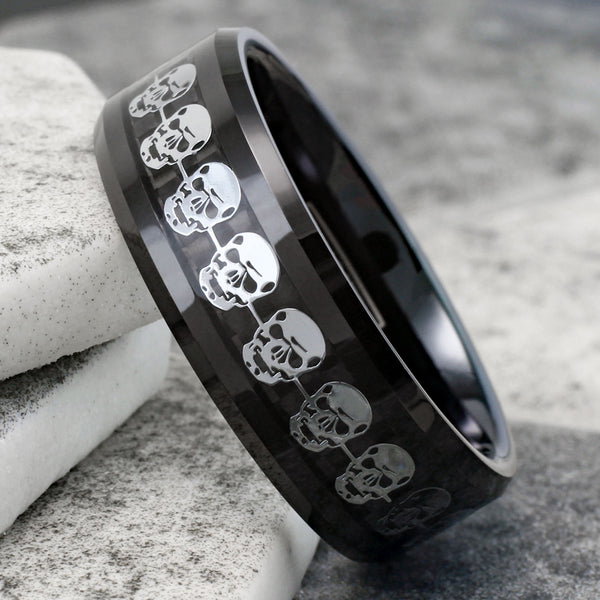 Awesome Black Tungsten Ring with a Cool Silver Skull Inlay Around the Band