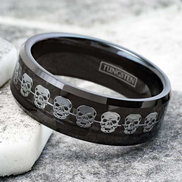 Awesome Black Tungsten Ring with a Cool Silver Skull Inlay Around the Band