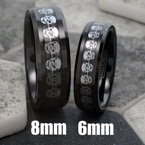 Awesome Black Tungsten Ring with a Cool Silver Skull Inlay Around the Band