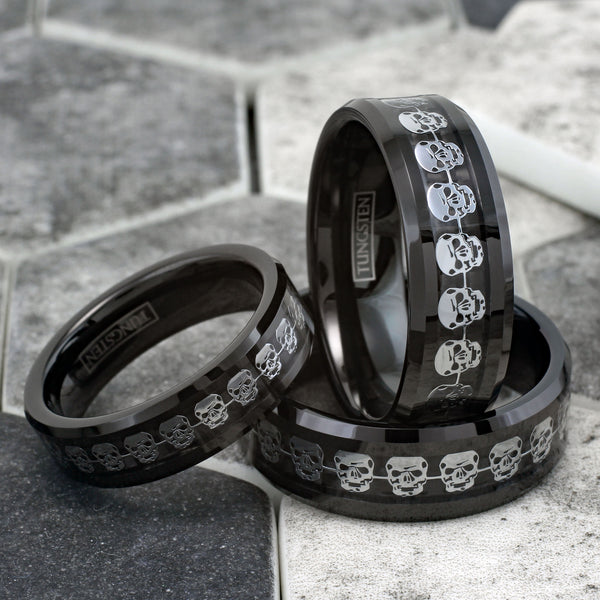 Awesome Black Tungsten Ring with a Cool Silver Skull Inlay Around the Band